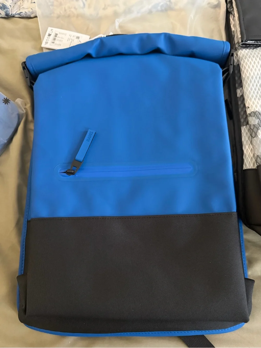 NWt•Rains Blue and Black Roll-Top Backpack•MSRP $155